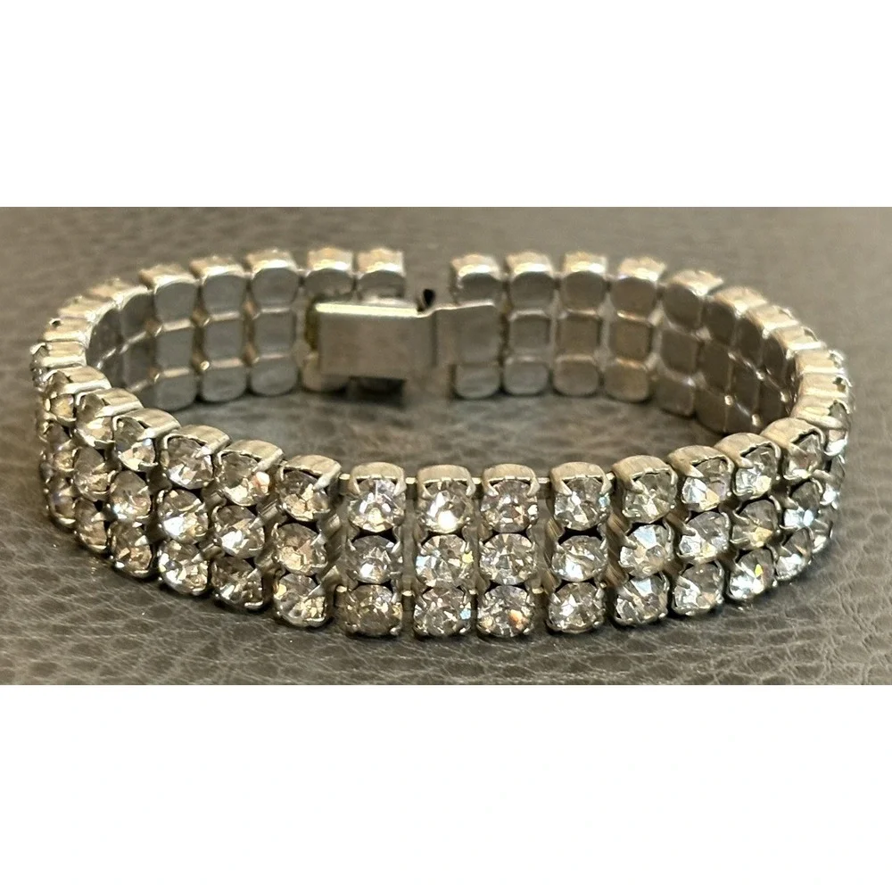 VTG Rhinestone Bracelet Silver Tone 3 Rows Art Deco - MCM Era Sparkly